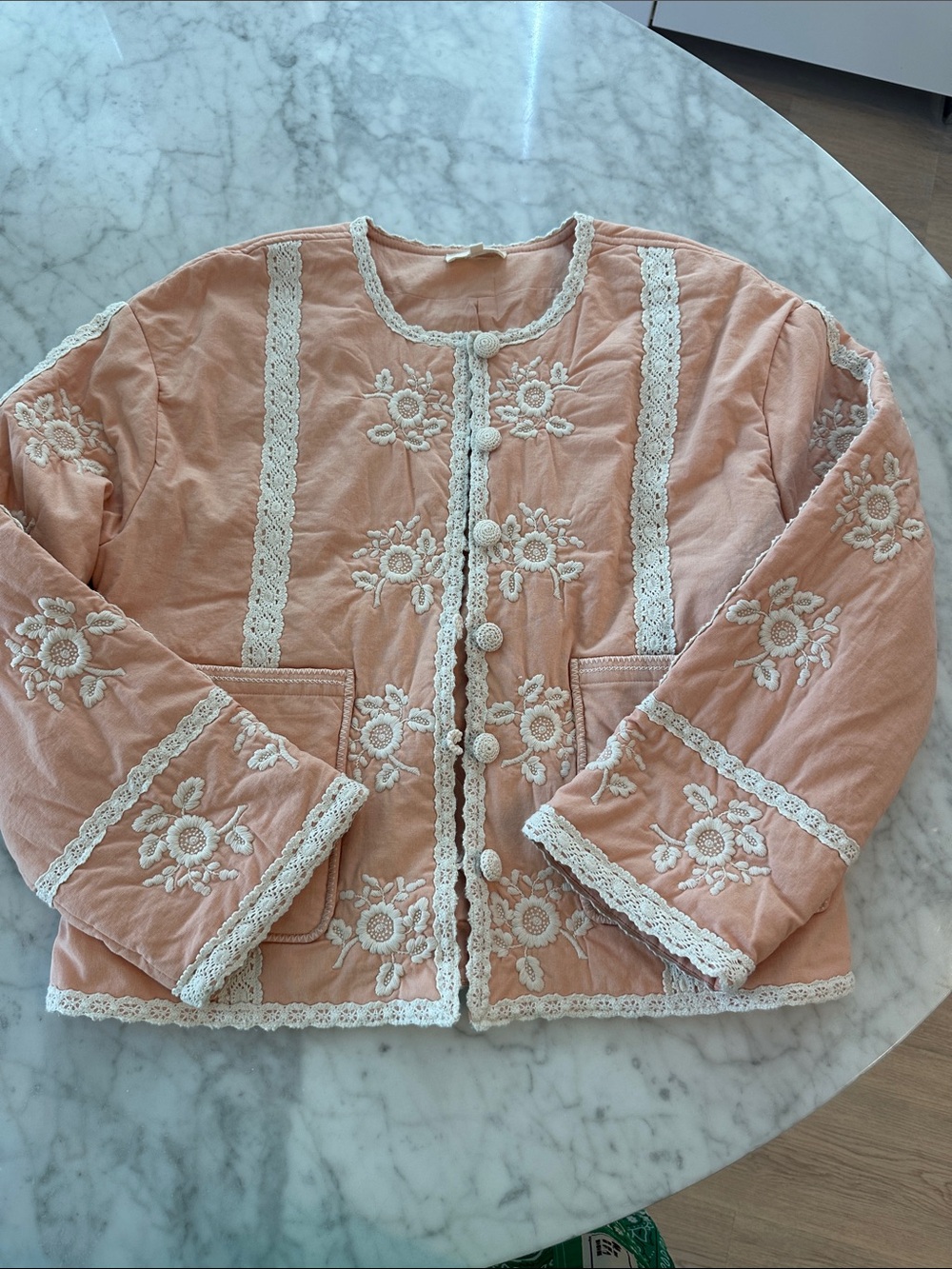 Sezane x SEA NY Dakota Peach Embroidered Lace-Trim Cotton Jacket